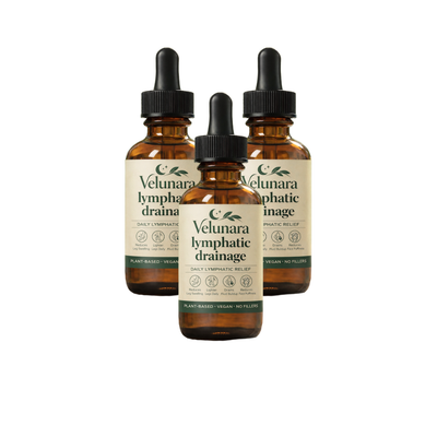Three bottles of Velunara lymphatic drainage product on a white background