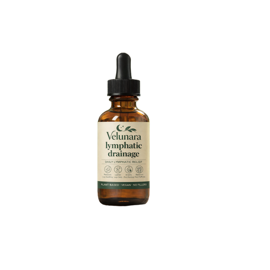 Brown glass bottle with a black cap labeled 'Velunara lymphatic drainage' on a white background