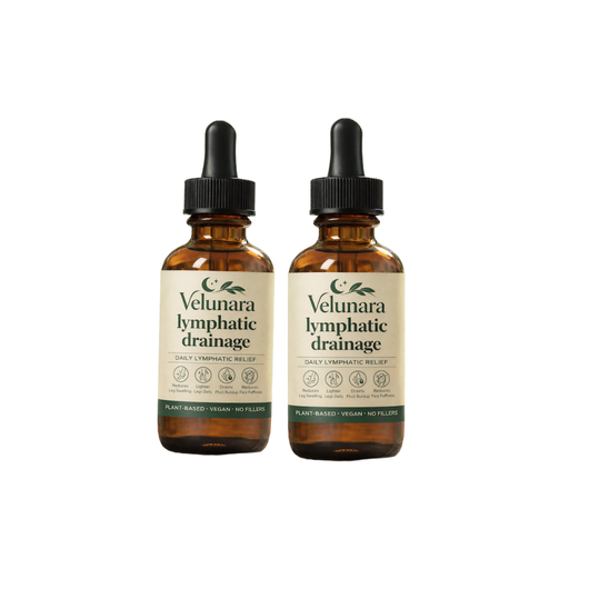 Two bottles of Velunara lymphatic drainage drops on a white background