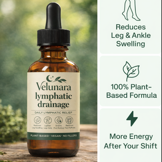 Velunara lymphatic drainage dropper bottle with product benefits on a natural background