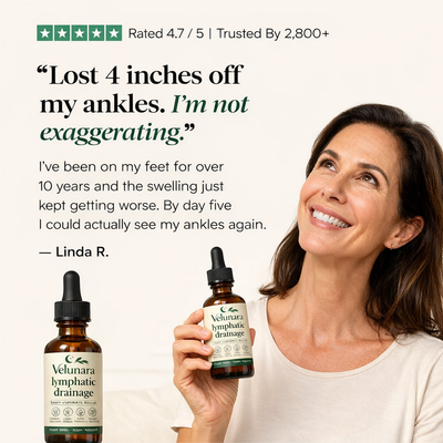 Woman holding Velunara lymphatic drainage product with text about personal experience and product rating.