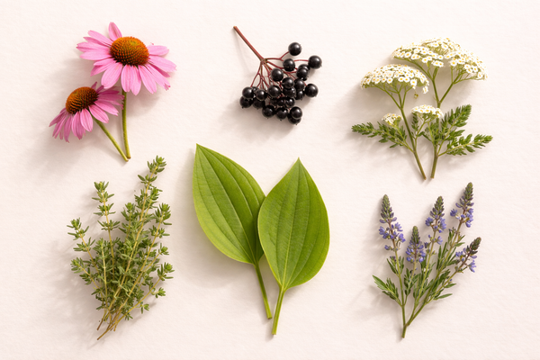 Collection of various herbs and flowers on a light background