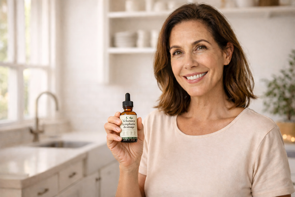 Woman holding a bottle of Velunara supplement in a kitchen