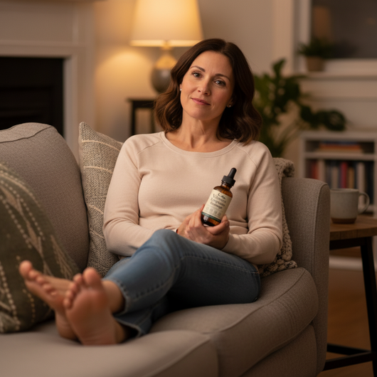 Woman sitting on a couch holding a bottle in a cozy living room.